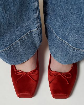 Square-Toe Ballet Flats in Satin