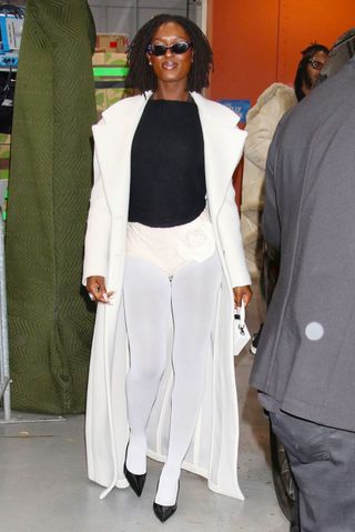 Photo of Jodie Turner-Smith wearing white leggings in New York.