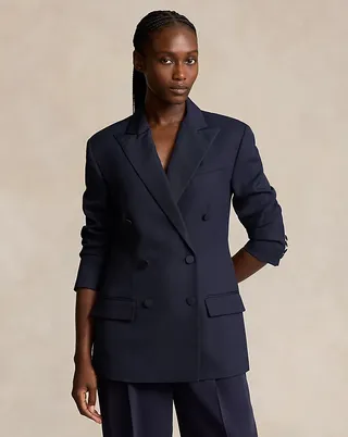 Silk Lapel Double Breasted Wool Blazer