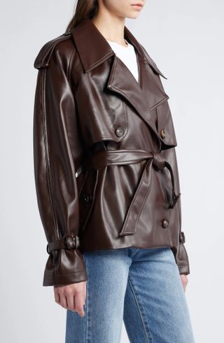 Tie Waist Faux Leather Trench Coat