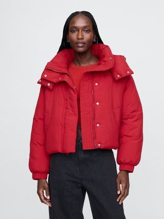 Cropped Duvet Wrap Puffer Jacket in red