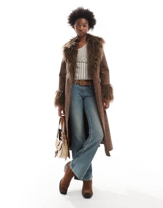 Reclaimed Vintage Brown Longline Leather Look Trench With Faux Fur Collar