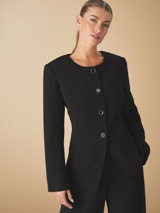 Black Button Through Collarless Blazer