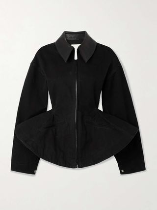 Paneled Leather-Trimmed Cotton-Canvas Peplum Jacket