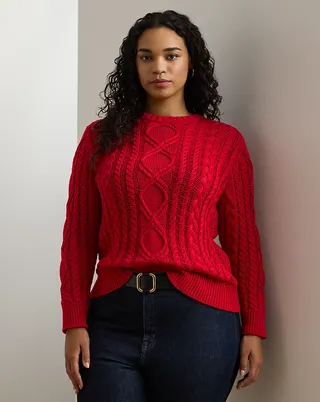 Aran Knit Cotton Blend Crewneck Sweater