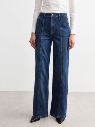 Blue Wide Leg Front Seam Stretch Jeans