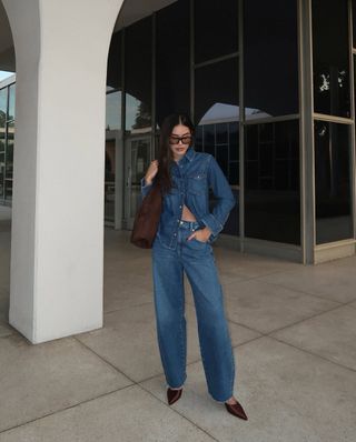 Jill in double denim outfit with mules