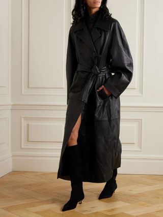 Belted Double-Breasted Leather Trench Coat