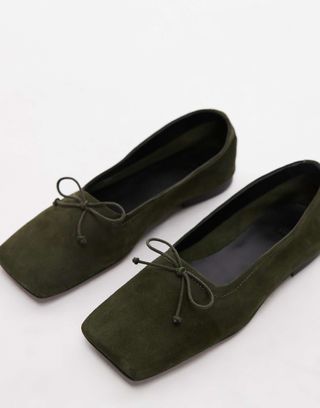 Asos Design Lotus Premium Suede Ballet Flats in Khaki