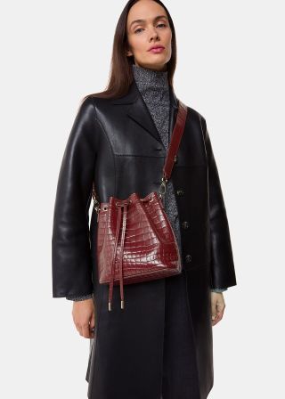 Dark Red Giulia Croc Bucket Bag