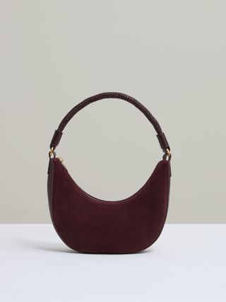 Suede and Leather Half-Moon Shoulder Bag in Oxblood