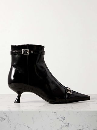 Buckled Vinyl Point-Toe Ankle Boots