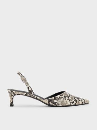 Snake-Print Pointed-Toe Slingback Kitten Heels