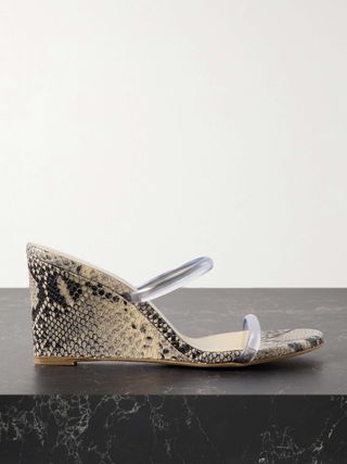 Pvc-Trimmed Snake-Effect Leather Wedge Sandals