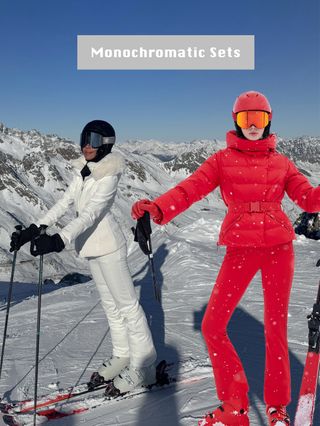 A collage of women wearing monochromatic ski suits.