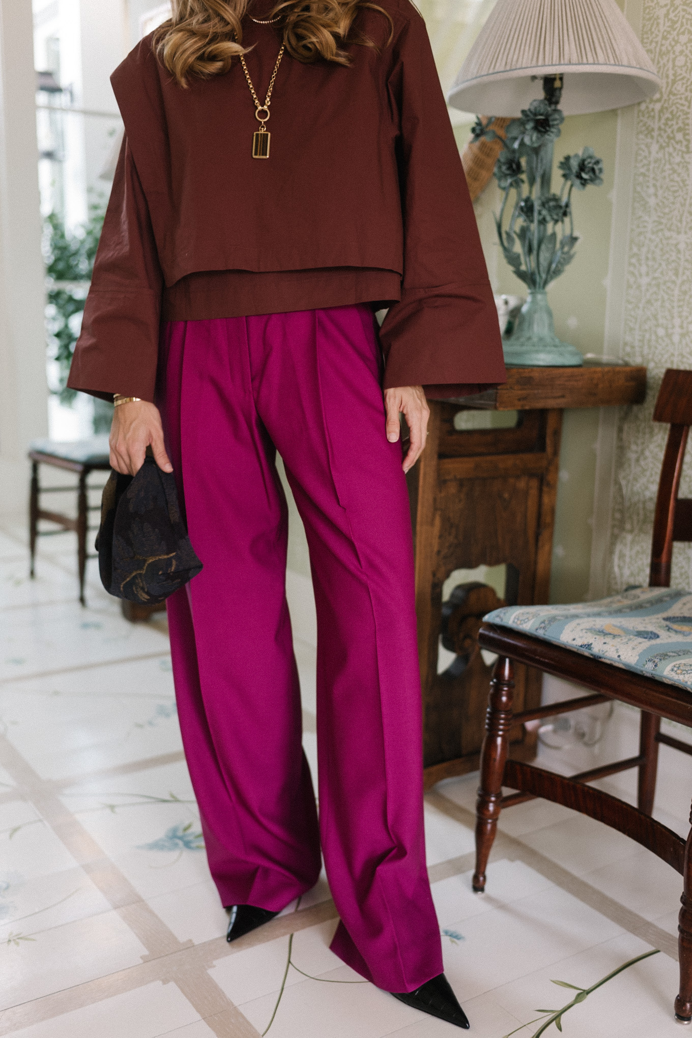 brown structured blouse magenta wool blend wide leg pants black heels