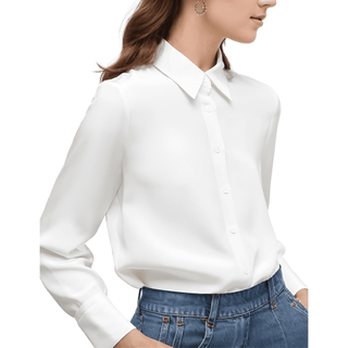 Wataxii White Blouses for Women Dressy Casual Long Sleeve Button Down Shirt Collared Work Office Business Chiffon Blouse Shirt Tops