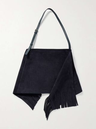 Scarf Fringed Leather-Trimmed Suede Shoulder Bag