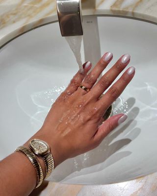 A neutral shimmery manicure