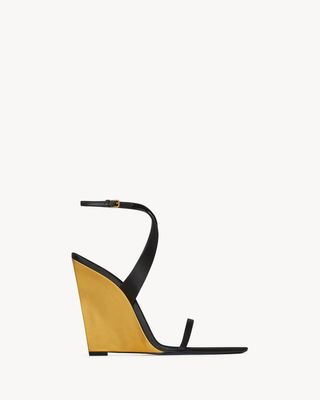 Women's Salomé Wedges in Satin Crepe and Metallic Leather in Black and Sun Gold