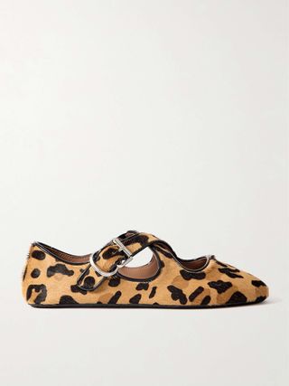 Criss Cross Leather-Trimmed Leopard-Print Calf Hair Ballet Flats