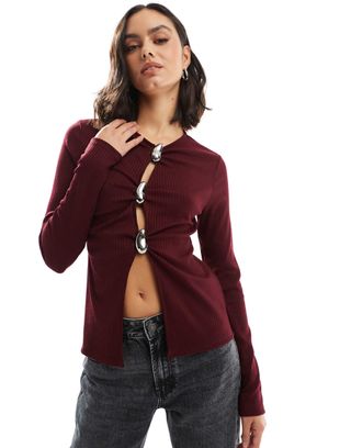 Asos Design Rib Long Sleeve Top With Silver Buttons in Burgundy