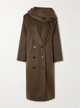 Double-Breasted Scarf-Detailed Layered Wool Coat