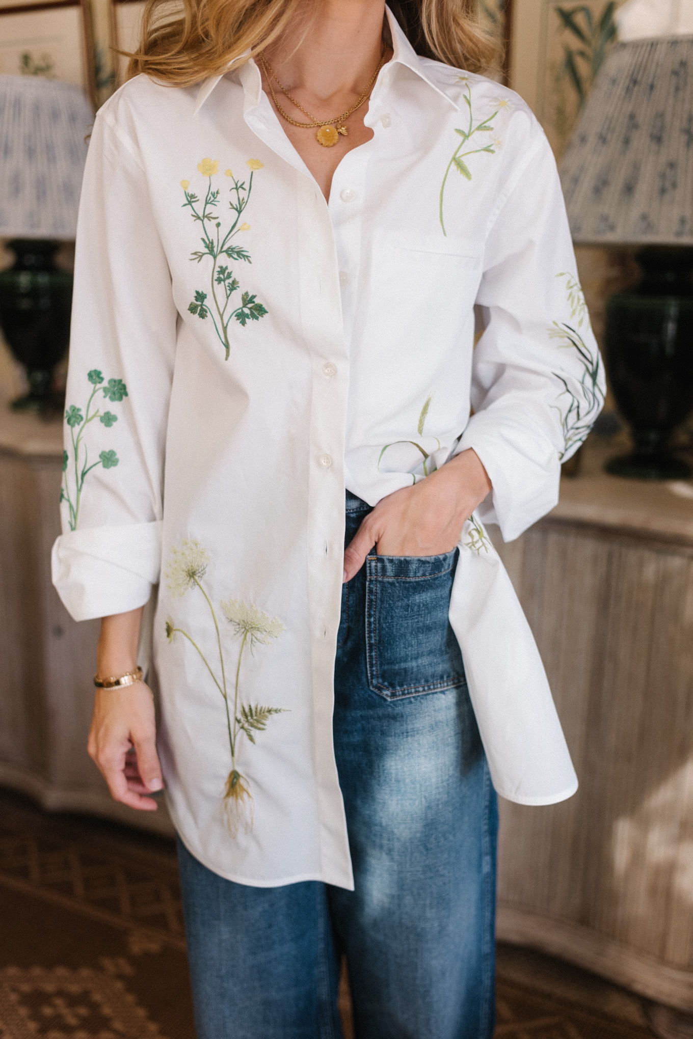 floral embroidered white button down shirt