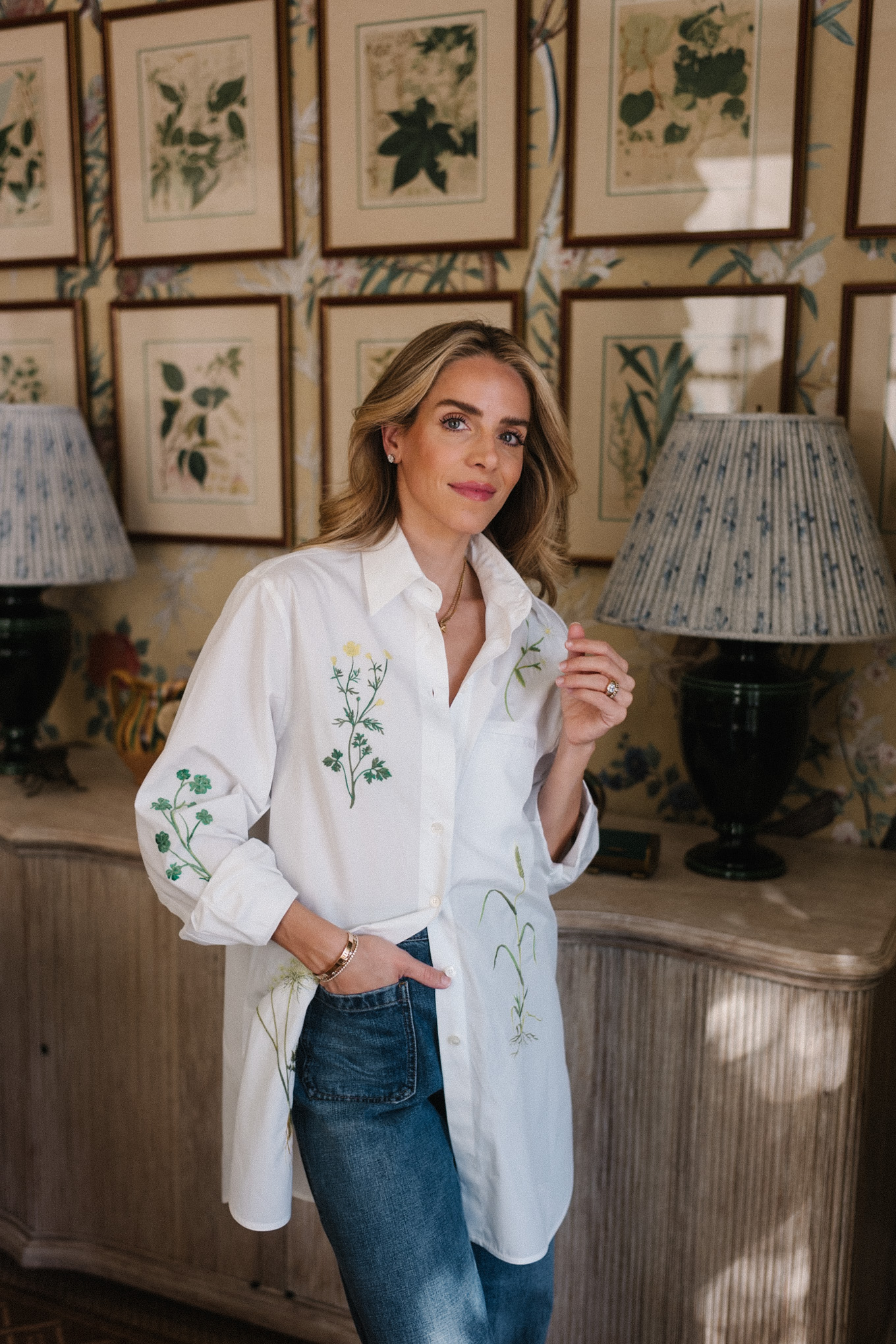 floral embroidered white button down shirt