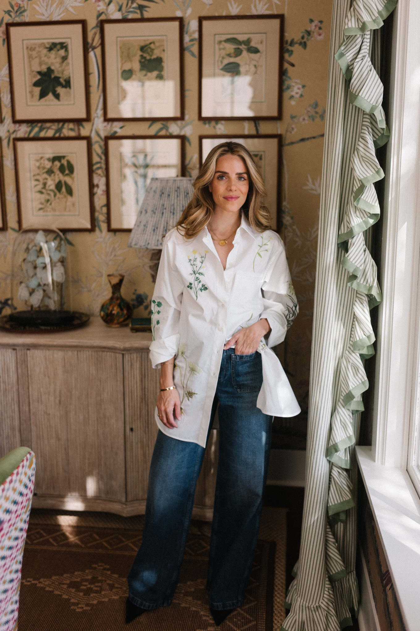 floral embroidered white button down shirt