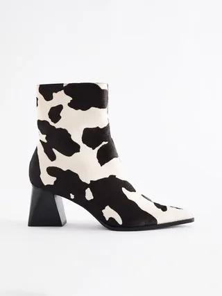 Animal Cow Print Leather Forever Comfort® Block Heeled Ankle Boots