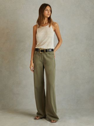 Garment Dyed Wide Leg Trousers in Khaki