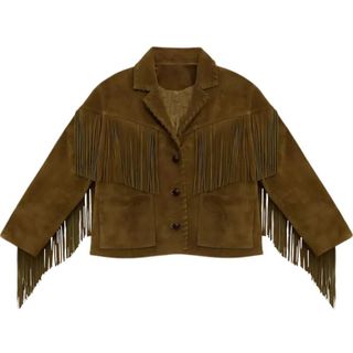 Western American Olive Brown Suede Calfskin Leather Jacket & Fringe Work