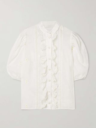 Acacia Ruffled Embroidered Ramie Blouse