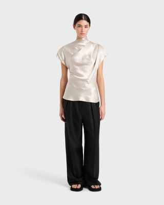 Kobe Satin Pleat Shoulder Top - Silver