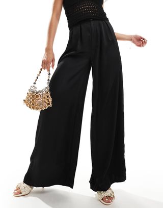 Kaiia Satin Wide Leg Trousers in Black