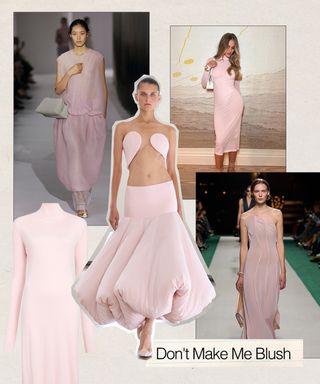 A collage of photos from the S/S 25 runways, street style, and retailers showcasing the 2025 blush-pink dress trend with the trend name "Don't Make Me Blush" printed in black letters.