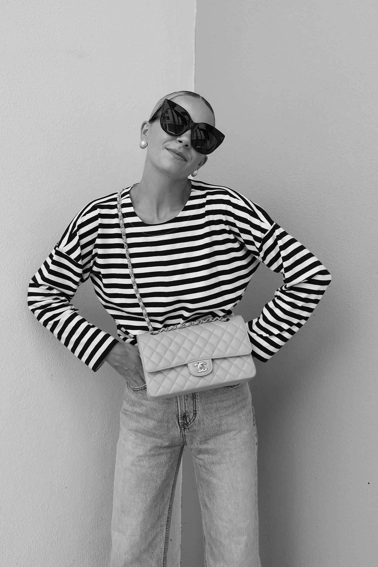 chanel classic medium double flap bag, stripe tee outfit, chanel bag styling 