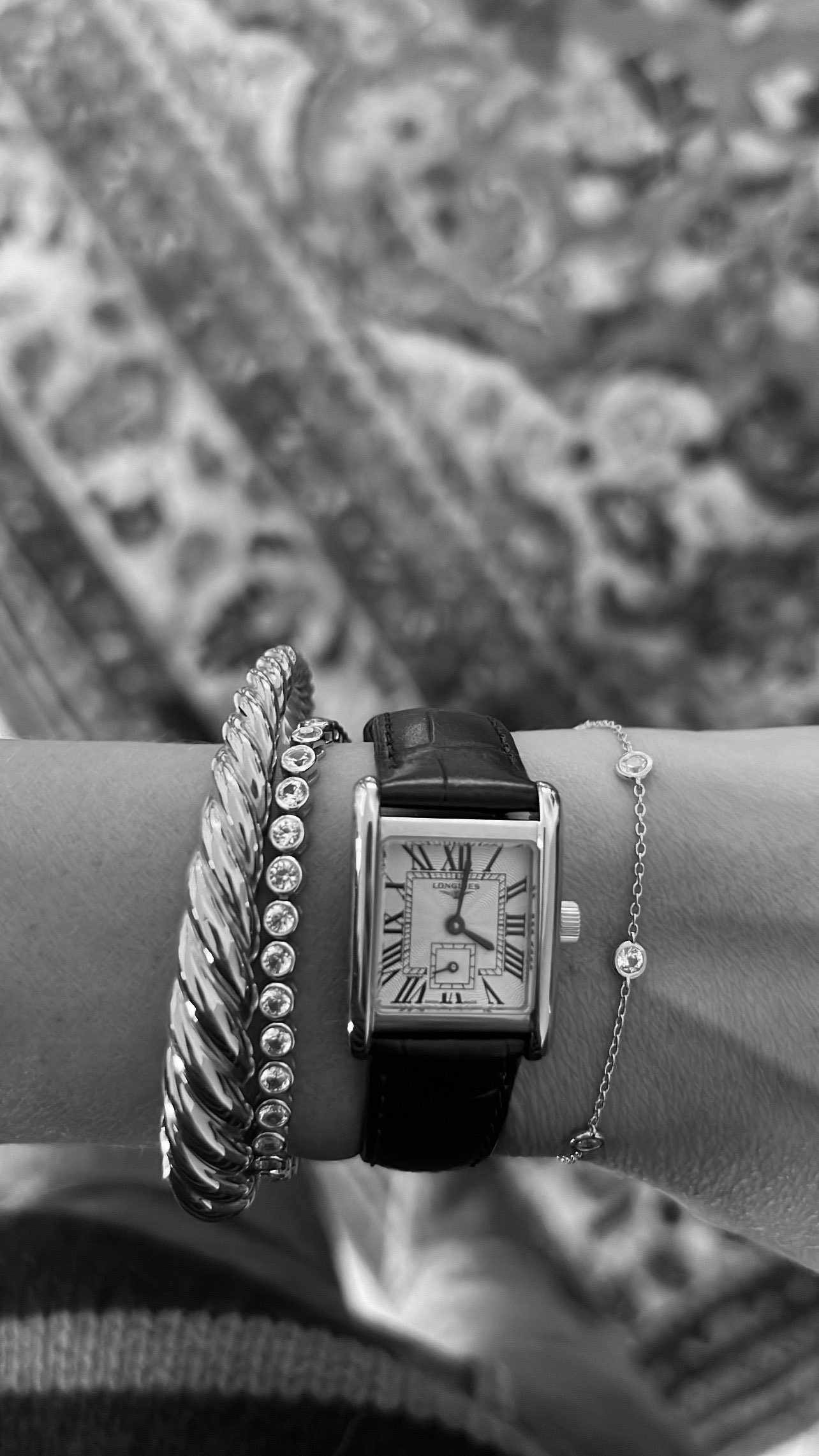 longines classic watch, watch styling, dorsey bracelet, classic jewelry stacking 