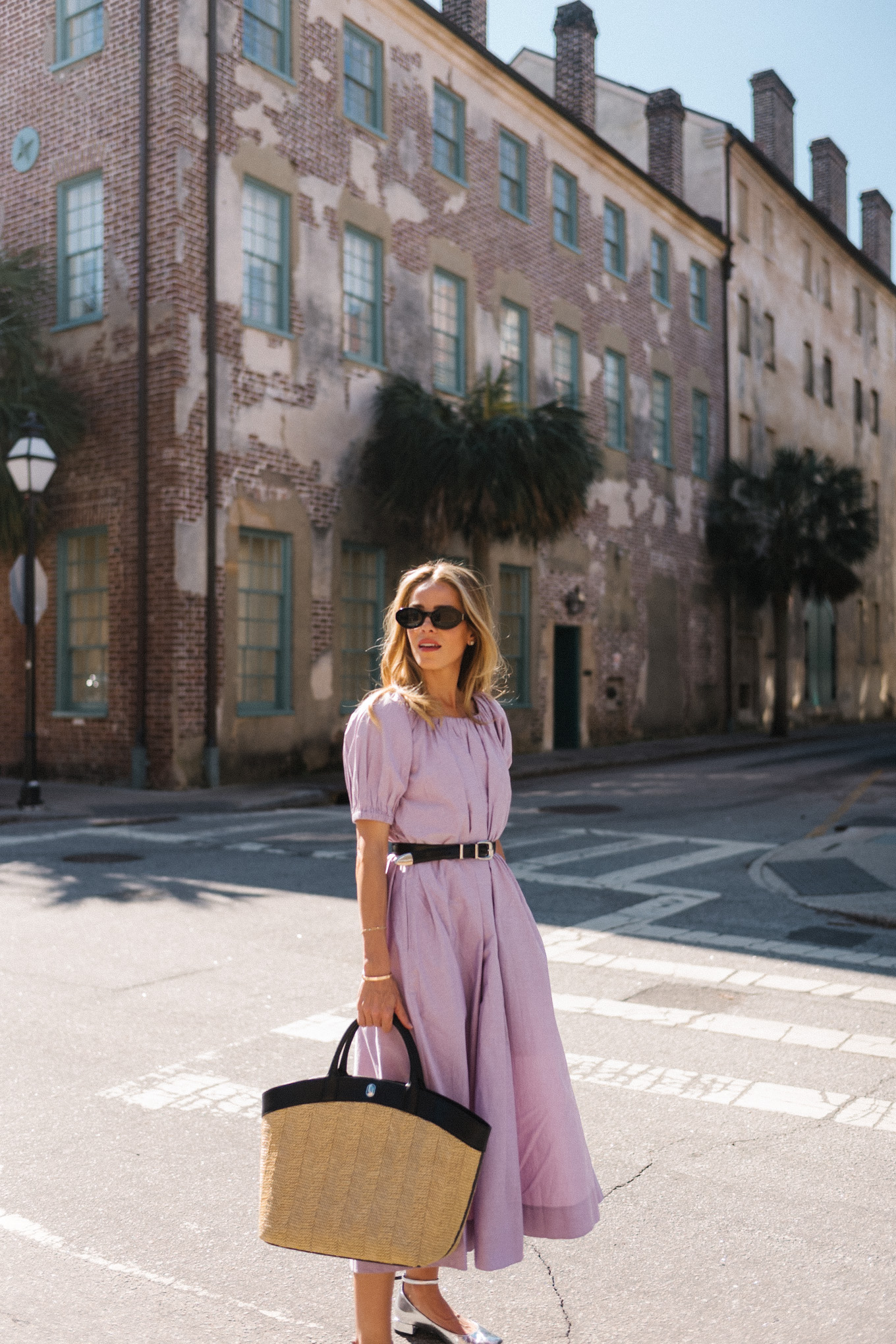 lavender midi dress rattan tote silver pumps