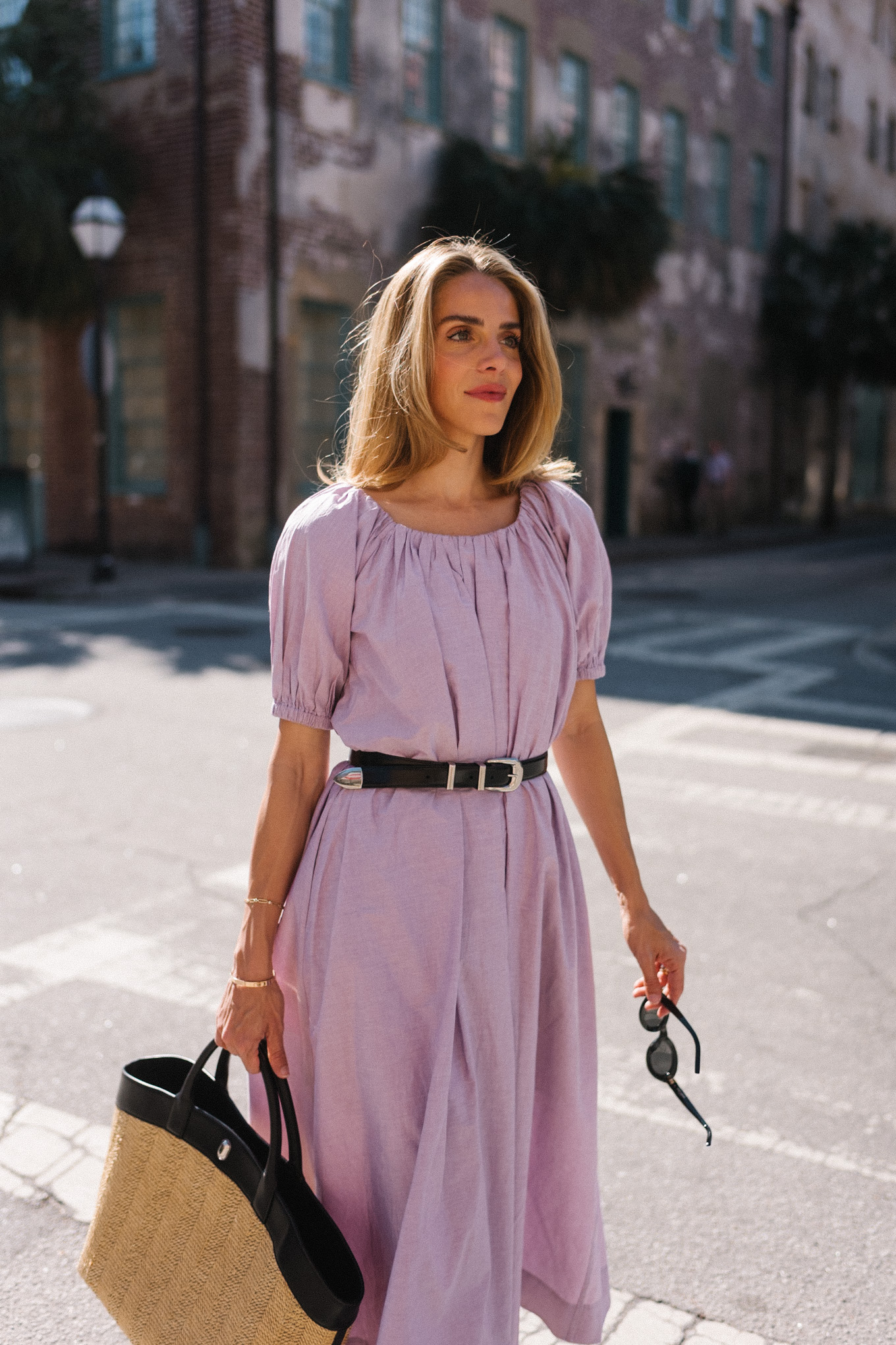 lavender midi dress rattan tote silver pumps