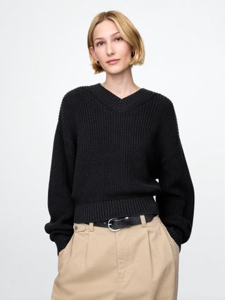 Gap, 100% Cotton Shaker-Stitch V-Neck Sweater