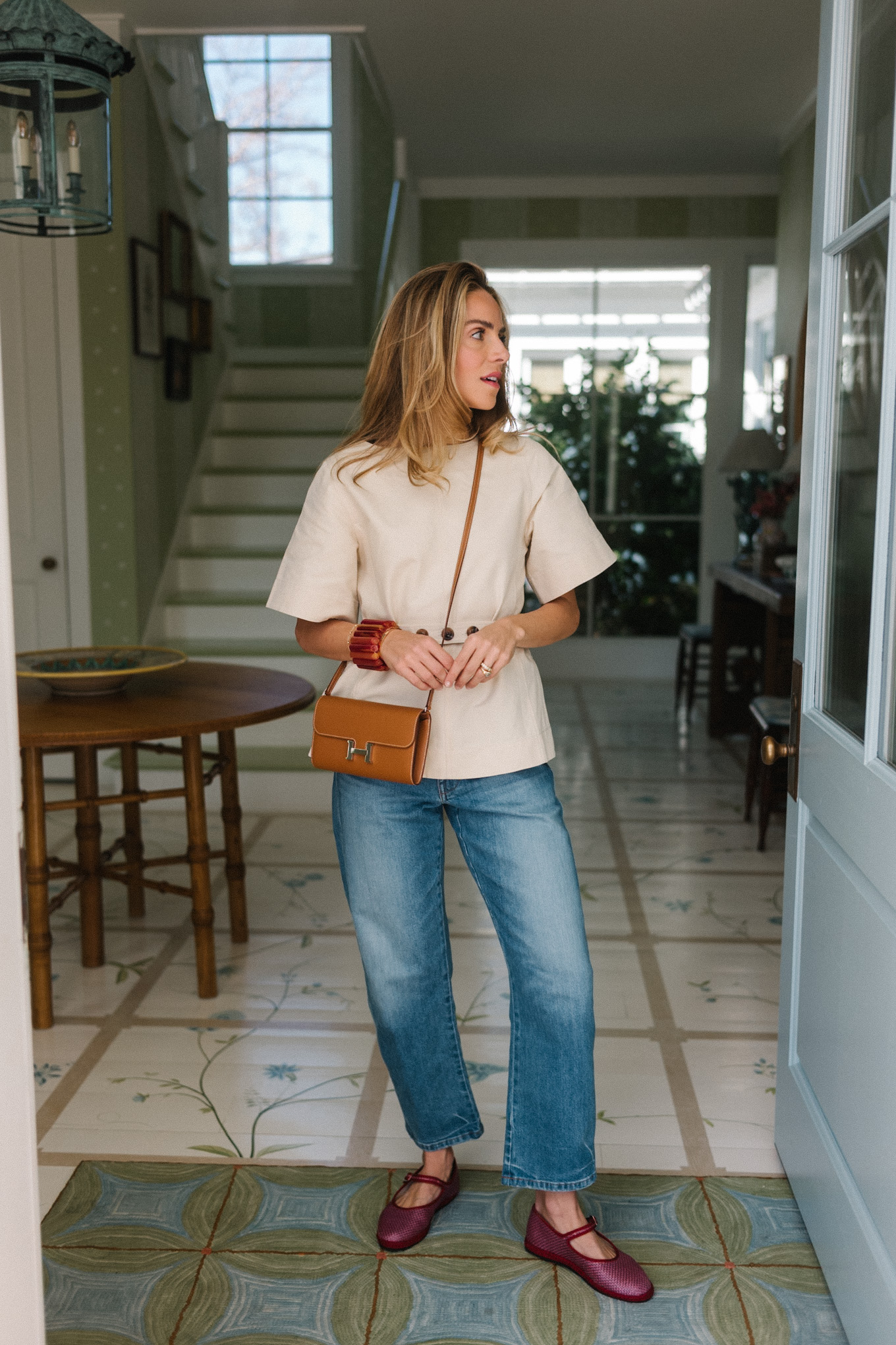 blue denim cream blouse brown handbag