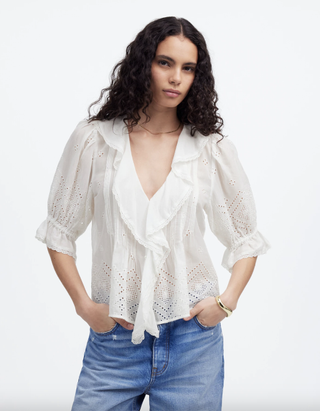 Pintucked Ruffled Puff-Sleeve Top