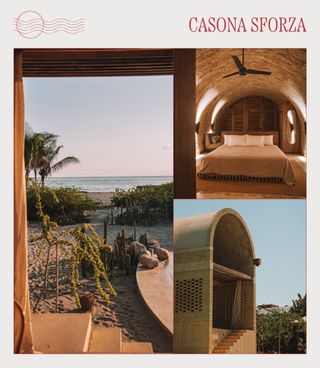 A collage of influencer and hotel imagery featuring Casona Sforza in Puerto Escondido, Mexico.