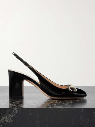 Lady Horsebit-Embellished Patent-Leather Slingback Pumps