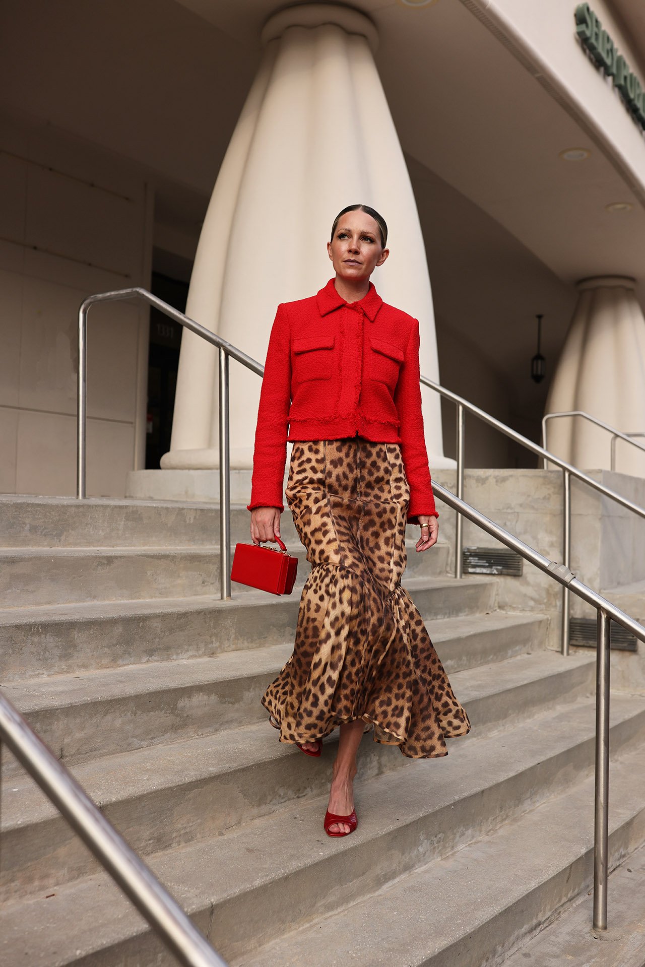 zimmermann leopard skirt, red mango top, leopard and red outfit ideas