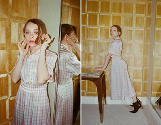 Actress Shira Haas poses for a portrait shoot in support of her latest film Captain America: Brave New World wearing a pink and white gingham shirt dress and black ankle boots.