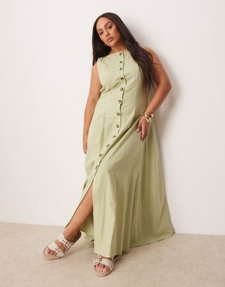 Asos Design Curve Slash Neck Button Down Vest Maxi Dress in Sage