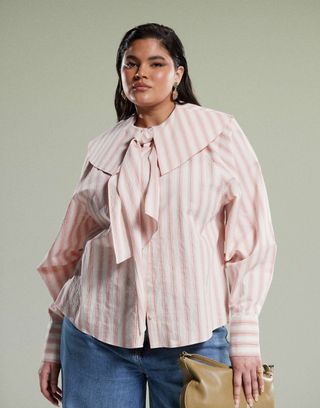 Asos Design Curve Shirt With Large Collar and Tie Detail in Pink Stripe